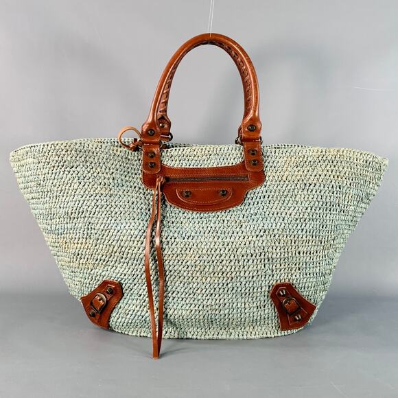BALENCIAGA Green Brown Woven Raffia Oversized Tote Handbag - Picture 1 of 8